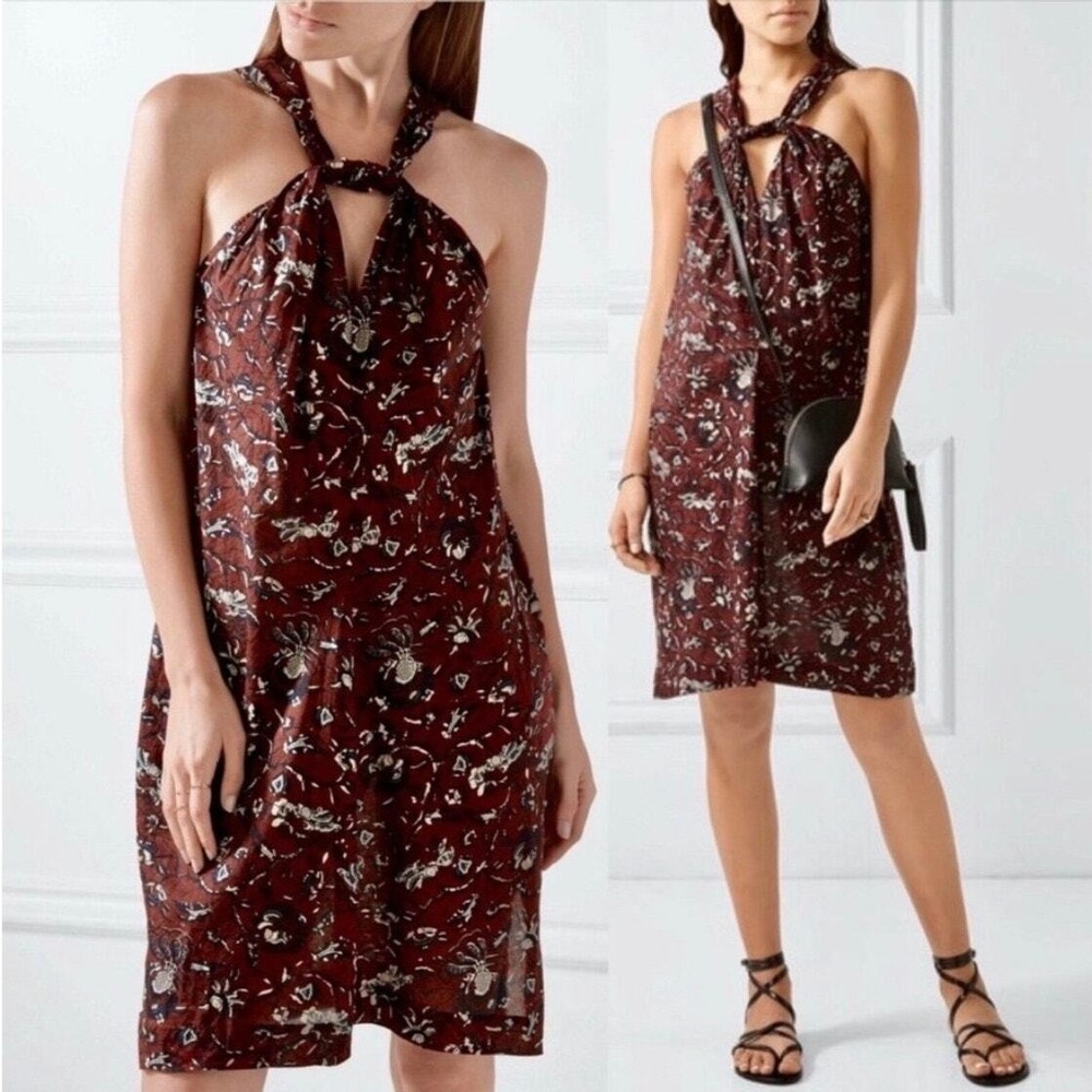 ISABEL MARANT ETOILE Dress Women 38 Red Floral Aba Twist Halter Neck Cotton Mini